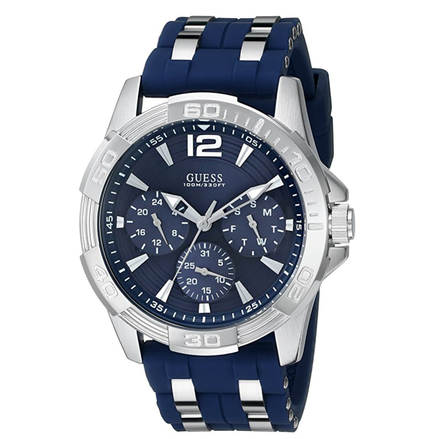 GUESS Men's U0366G2 Sporty Silver-Tone Stainless Steel Watch with Multi-function Dial and Blue Strap Buckle ONLY $84.04