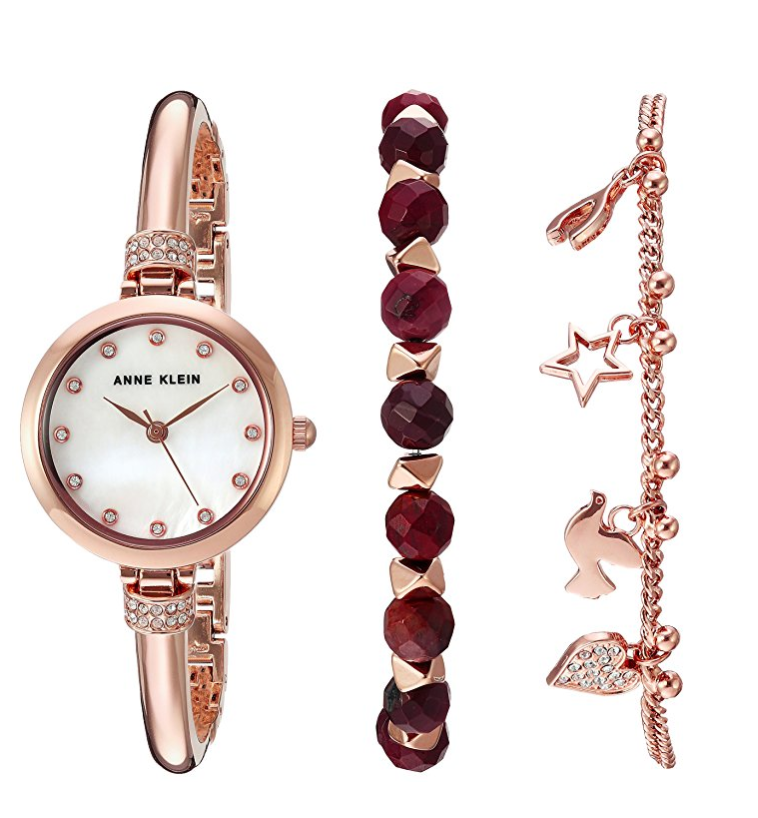 Anne Klein Women's AK/2840RJAS Swarovski Crystal Accented Rose Gold-Tone Bangle Watch and Red Jasper Beaded Bracelet Set ONLY $108.68