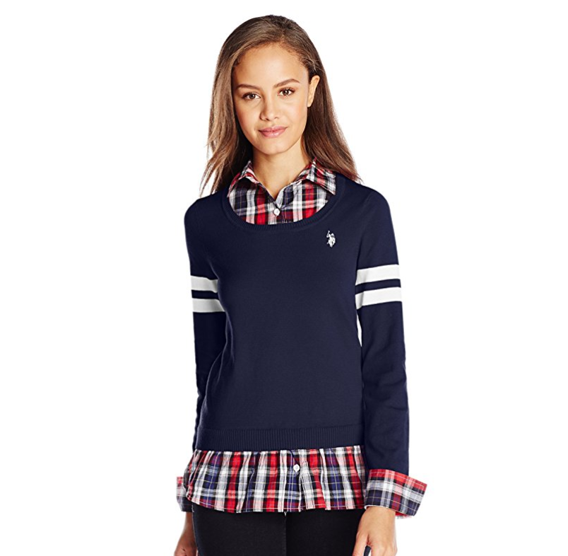 U.S. Polo Assn. Junior 女款学院风假两件针织衫, 现仅售$12.27