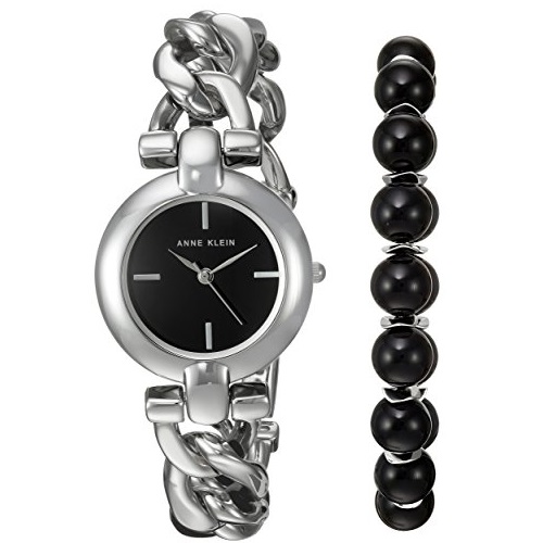 Anne Klein Women's AK/2837ONYX Silver-Tone Watch and Onyx Beaded Bracelet Set, Only $39.99, You Save $85.01(68%)