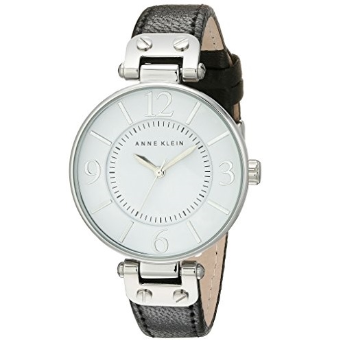 Anne Klein Women's 109169WTBK Silver-Tone and Black Leather Strap Watch, Only $25.50  , free shipping