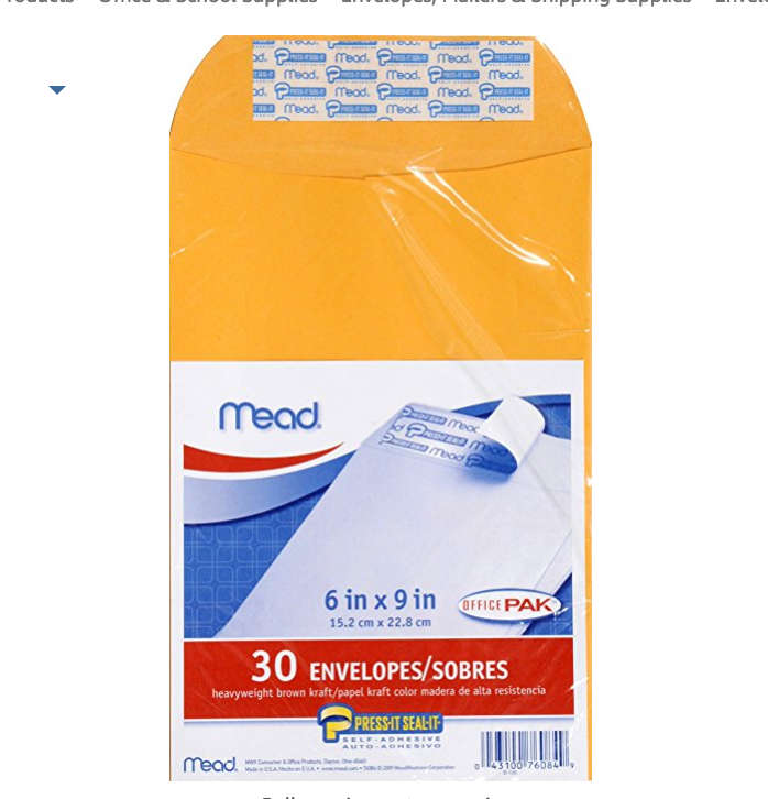 Mead Press-It Seal-It 6X9 Envelopes, Office Pack 30 Count (76084) only $2.64