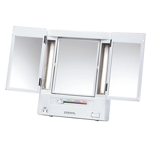 Jerdon Tri-Fold Two-Sided Lighted Makeup Mirror with 5x Magnification, White Finish $33.99，free shipping