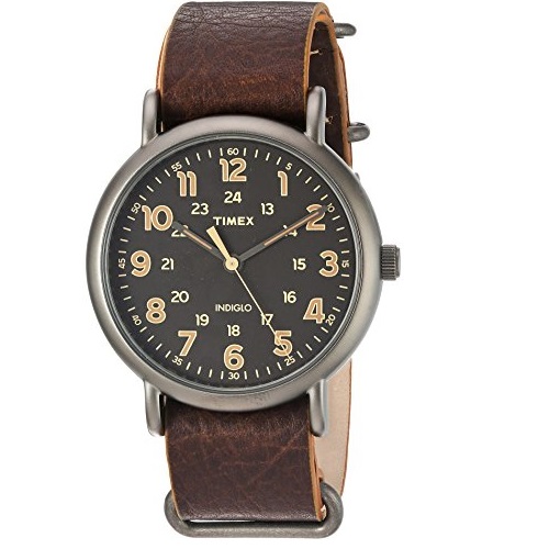 Timex Men's TW2P85800 Weekender Oversize Titanium-Tone/Dark Brown Leather Slip-Thru Strap Watch, Only $24.76