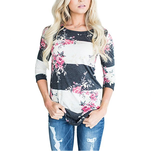 Annflat Women's 3 4 Sleeve Floral Print T-Shirts Casual Striped Blouse Tops $9.99