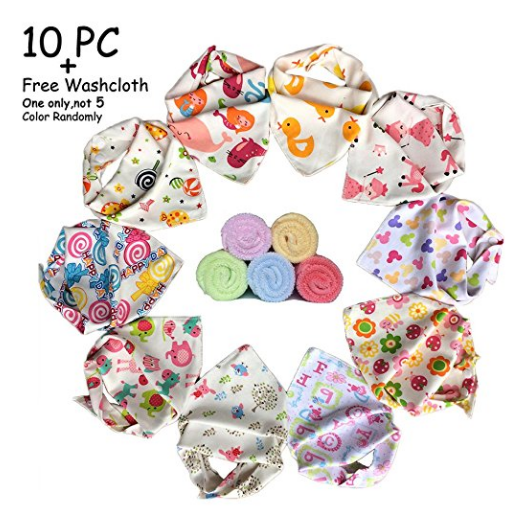 10-pack Baby Girls Bandana Drool Bibs&FREE Baby Washcloth GIFT, Absorbent Cotton Bibs Super-Stylish Anti-Smell Anti-Bacterial Apron Bibs Quick Dry Avoids Drool Rash with Nickel-Free Snaps