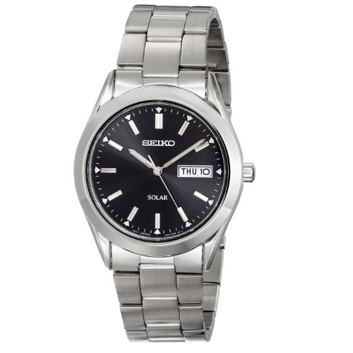 Seiko Men's SNE039  Silvertone Black Dial Solar Calendar Watch, Only $65.99, free shipping