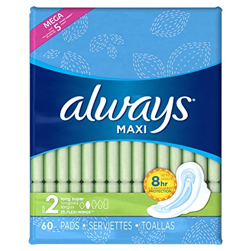 ALWAYS Maxi Size 2 Super Pads With Wings Unscented, 60 Count, Only $9.95