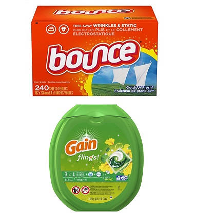 Gain Flings Original Laundry Detergent Pacs, 81 Count +　Bounce Fabric Softener Sheets, Outdoor Fresh, 240 Count, only $14.57