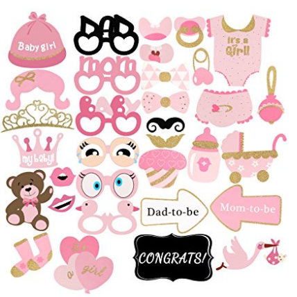 PBPBOX Baby Shower Decorations, PBPBOX 33Pcs Pink and Gold Baby Shower Photo Booth Props for Girl Party Favors Decoration $ 8.39