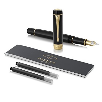 PARKER Duofold International Fountain Pen, Classic Black with Gold Trim, Medium Solid Gold Nib, Black Ink and Convertor (1931384), Only $286.95, free shipping