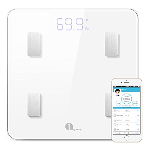 1byone Bluetooth Body Fat Scale with IOS and Android App Smart Wireless Digital Bathroom Scale for Body weight, Body Fat, Water, Muscle Mass, BMI, BMR, Bone Mass and Visceral Fat, White, Only $19.99