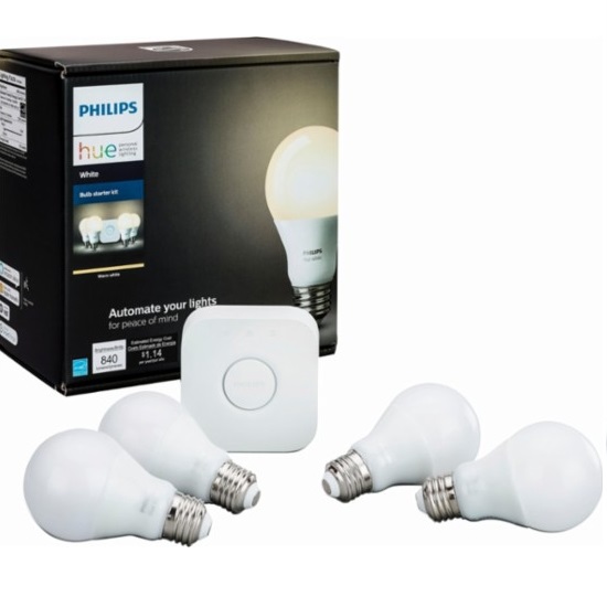 Bestbuy：黑五价！Philips Hue适配基座 +4个 A19白光智能灯泡 套装，原价$99.99，现仅售$59.99，免运费