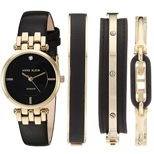 Anne Klein Women's AK/2684BKST Diamond-Accented Gold-Tone and Black Leather Strap Watch and Bangle Set, Only $49.99, You Save $52.80(51%)