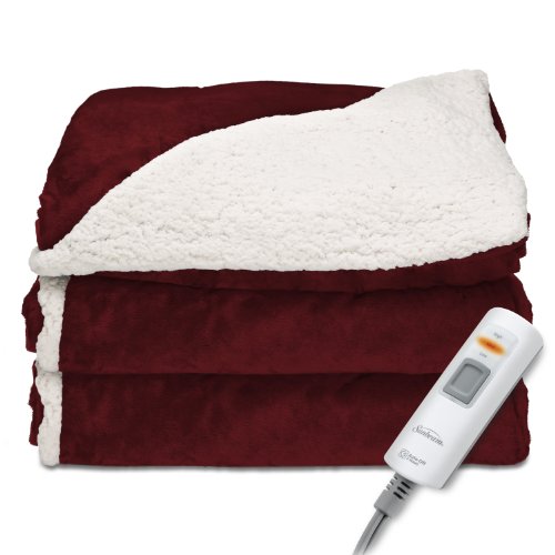 Sunbeam Reversible Sherpa/Mink Heated Throw Blanket with EliteStyle II Controller, Premium Soft Super Warm Plush Electric Throw Blanket, Garnet Red, Only $39.87