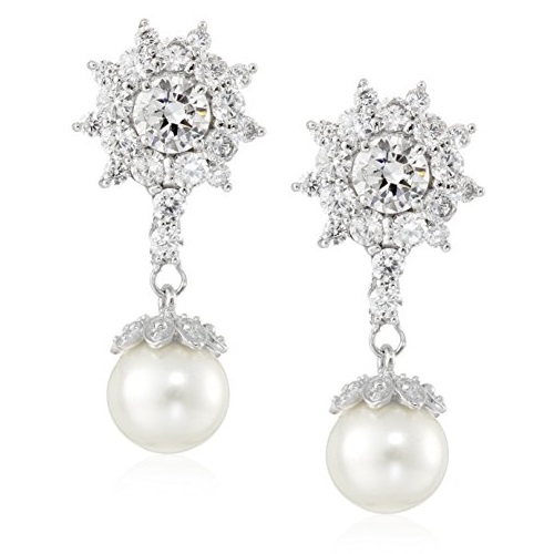 Amazon Collection Platinum Plated Sterling Silver Cubic Zirconia Freshwater Cultured Pearl Drop Earrings, Only $13.56, You Save $14.12(51%)