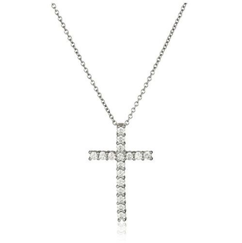 Amazon Collection Platinum or Gold-Plated Sterling Silver Swarovski Zirconia Cross Pendant Necklace, 18