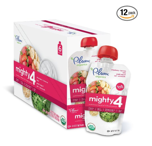 Plum Organics Mighty 4, Organic Toddler Food, Strawberry, Banana, Kale, Greek Yogurt, Oat and Amaranth, 4 ounce pouch (Pack of 12) only $10.62