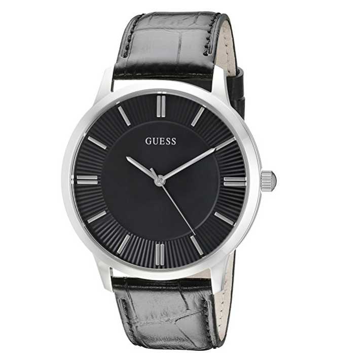 GUESS Men's U0664G1 Dressy Silver-Tone Watch with Plain Black Dial and Genuine Leather Strap Buckle ONLY $31.88
