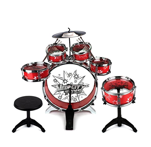 Velocity Toys 11 Piece Children's Kid's Musical Instrument Drum Play Set w/ 6 Drums, Cymbal, Chair, Kick Pedal, Drumsticks (Red) only $21