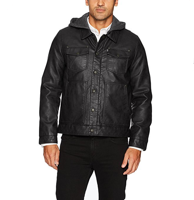 Levi's Men's Buffed Cow Faux Leather Hooded Trucker Jacket $26.77，FREE Shipping
