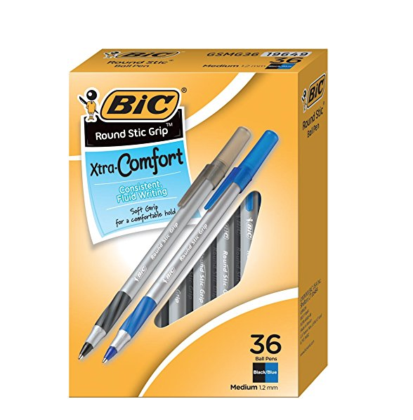 BIC Round Stic Grip Xtra Comfort Ball Pen, Medium Point (1.2 mm), Black and Blue Ink, 36-Count ONLY $2.85