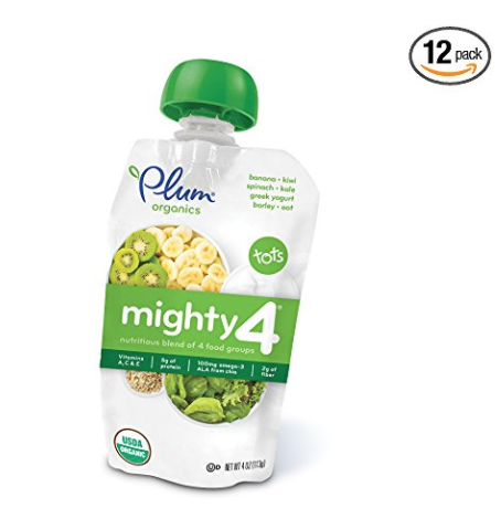 Plum Organics Mighty 4, Organic Toddler Food, Banana, Kiwi, Spinach, Kale, Greek Yogurt, Barley and Oat, 4 ounce pouch (Pack of 12)  only $9.9