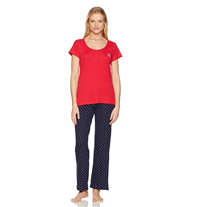 Tommy Hilfiger Womens Women's Short Sleeve Top and Pant Bottom Pajama Set PJ, Ski Patrol/Peacoat Sweet Floral, XS only $11.47
