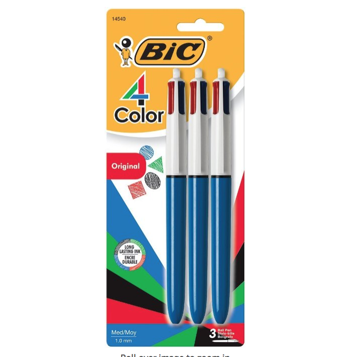 BIC 4-Color Ball Pen, Medium Point (1.0mm), Assorted Ink, 3-Count only $3.49