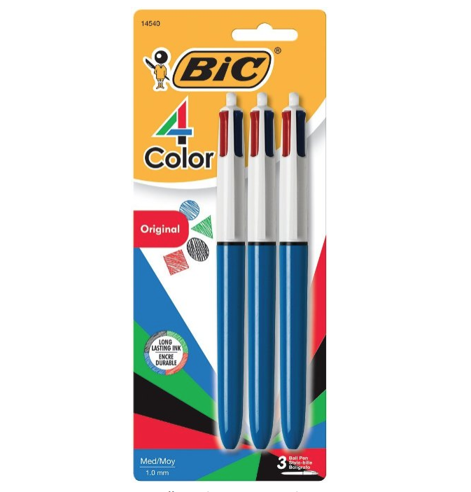 BIC 4-Color Ball Pen, Medium Point (1.0mm), Assorted Ink, 3-Count ONLY $2.69