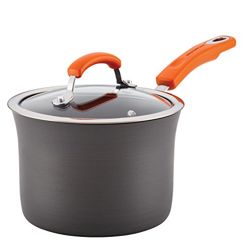 Rachael Ray Hard-Anodized Aluminum Nonstick 3-Quart Covered Saucepan, Gray with Orange Handle, Only $19.98