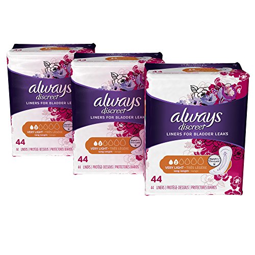 Always Discreet, Incontinence Liners for Women, Very Light, Long Length, 44 Count - Pack of 3 (132 Total Count), Only $10.94, free shipping after clipping coupon and using SS