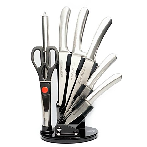 Imperial Collection HR-M8-NSS Herzog 8 Piece Professional Stainless Steel Kitchen Knife Set - Black Acrylic Knife Block Stand (Silver) $9.44