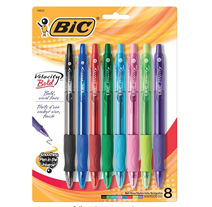 BIC Velocity Bold Fashion Retractable Ball Pen, Bold Point (1.6 mm), Assorted, 8-Count only $3.61