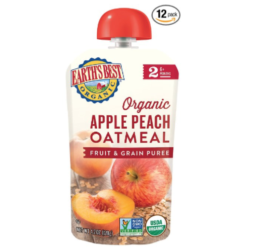 Earth's Best Organic Stage 2, Apple, Peach, Oatmeal,Fruit and grain 4.2 Ounce Pouch (Pack of 12) (Packaging May Vary)  only $ 8.60