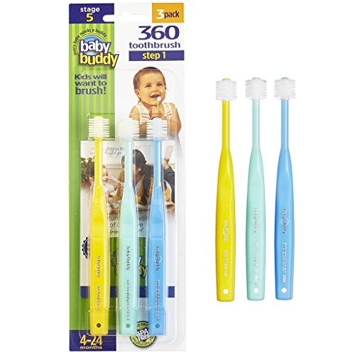 Baby Buddy 360 Toothbrush—Innovative 6-Stage Oral Care System —Stage 5 for Babies/Toddlers—Kids Love Them Age 4 to 24 Months, Blue/Mint/Yellow 3 Pack, Only $16.80 after clipping coupon