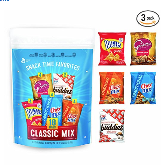 Salty Snacks Variety Pack, Includes Chex Mix Original, Chex Mix Cheddar, Gardetto's, Bugles & Muddy Buddies Snack Bags, 18 Pouches Per Bag (Pack of 3 Bags) only $19.32