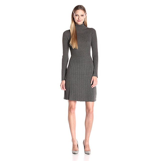 ​Adrianna Papell Turtle Neck Longsleeve Solid Pleat Dress 女款高领针织连衣裙, 现仅售$30.21, 免运费！