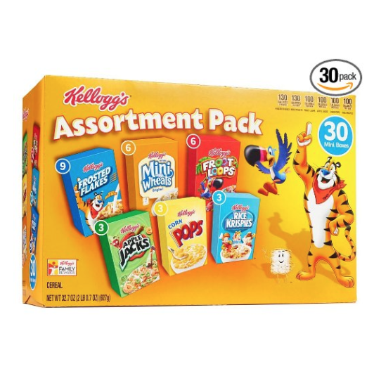 Kellogg's Breakfast Cereal Assortment Variety Pack, Single Serve Boxes, 30 Count only $8.89