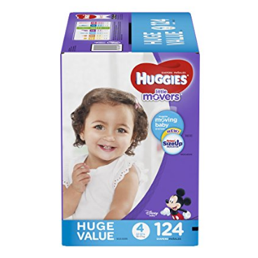 HUGGIES LITTLE MOVERS Diapers, Size 4 (22-37 lb.), 124 Ct. (Packaging May Vary), Baby Diapers for Active Babies $29.51，free shipping