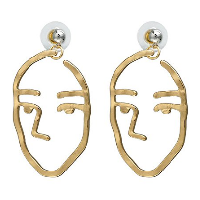 Zealmer Statement Human Face Shaped Earrings Hollow Out Dangling Color Gold Stud Earrings $7.99