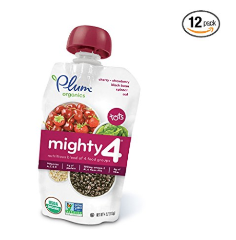 Plum Organics Mighty 4, Organic Toddler Food, Cherry, Strawberry, Black Bean, Spinach and Oat, 4.0 ounce pouch (Pack of 12) only $9.2