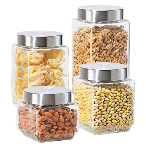 Oggi 4 Piece Square Glass Canister Set with Stainless Steel Screw-on Lids, Clear, Only $19.05