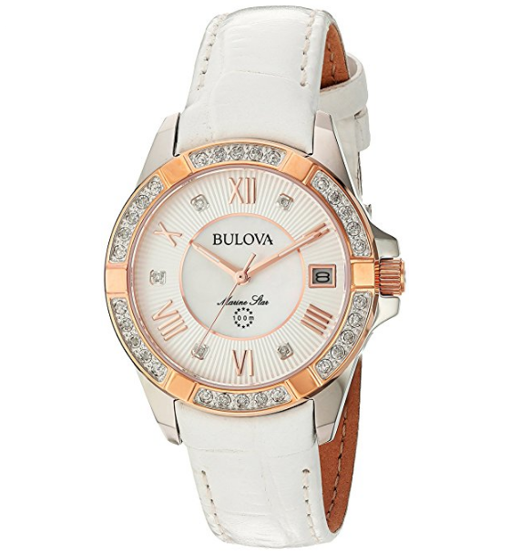 Bulova Women's Quartz Stainless Steel and Leather Casual Watch, Color:White (Model: 98R233) $179.97，free shipping