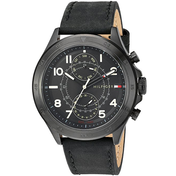 Tommy Hilfiger Men's Quartz Resin and Leather Casual Watch, Color:Black (Model: 1791345) $71.04，free shipping