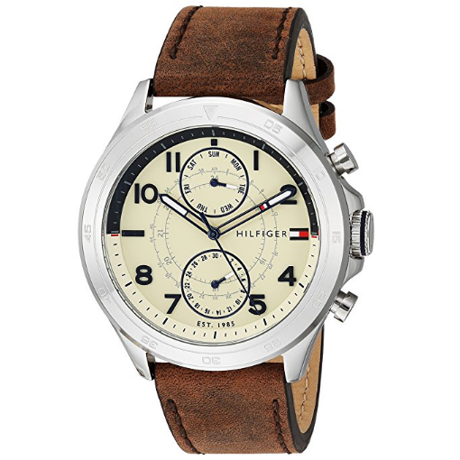 Tommy Hilfiger Men's Quartz Stainless Steel and Leather Casual Watch, Color:Brown (Model: 1791344) $84.00，free shipping