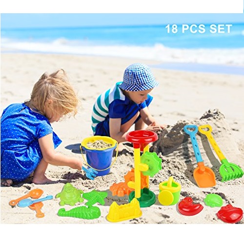Click N Play 18 Piece Beach sand Toy Set, Bucket, Shovels, Rakes, Sand Wheel, Watering Can, Molds,, Only $13.50, free shipping