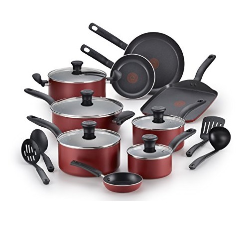 T-fal B165SI Initiatives Nonstick Inside and Out Dishwasher Safe 18-Piece Cookware Set, Red, Only $58.89, free shipping