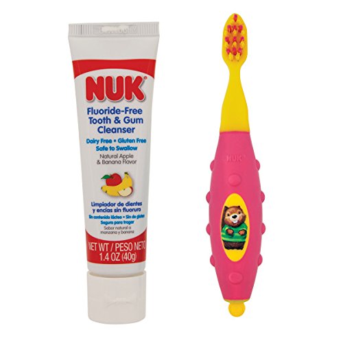 NUK Grins & Giggles 婴幼童牙刷+可吞咽牙膏套装，现仅售 $4.99。两色同价!