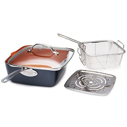 Gotham Steel Titanium Ceramic 9.5” Non-Stick Copper Deep Square Frying & Cooking Pan With Lid, Frying Basket, Steamer Tray, 4 Piece Set - Graphite $26.36